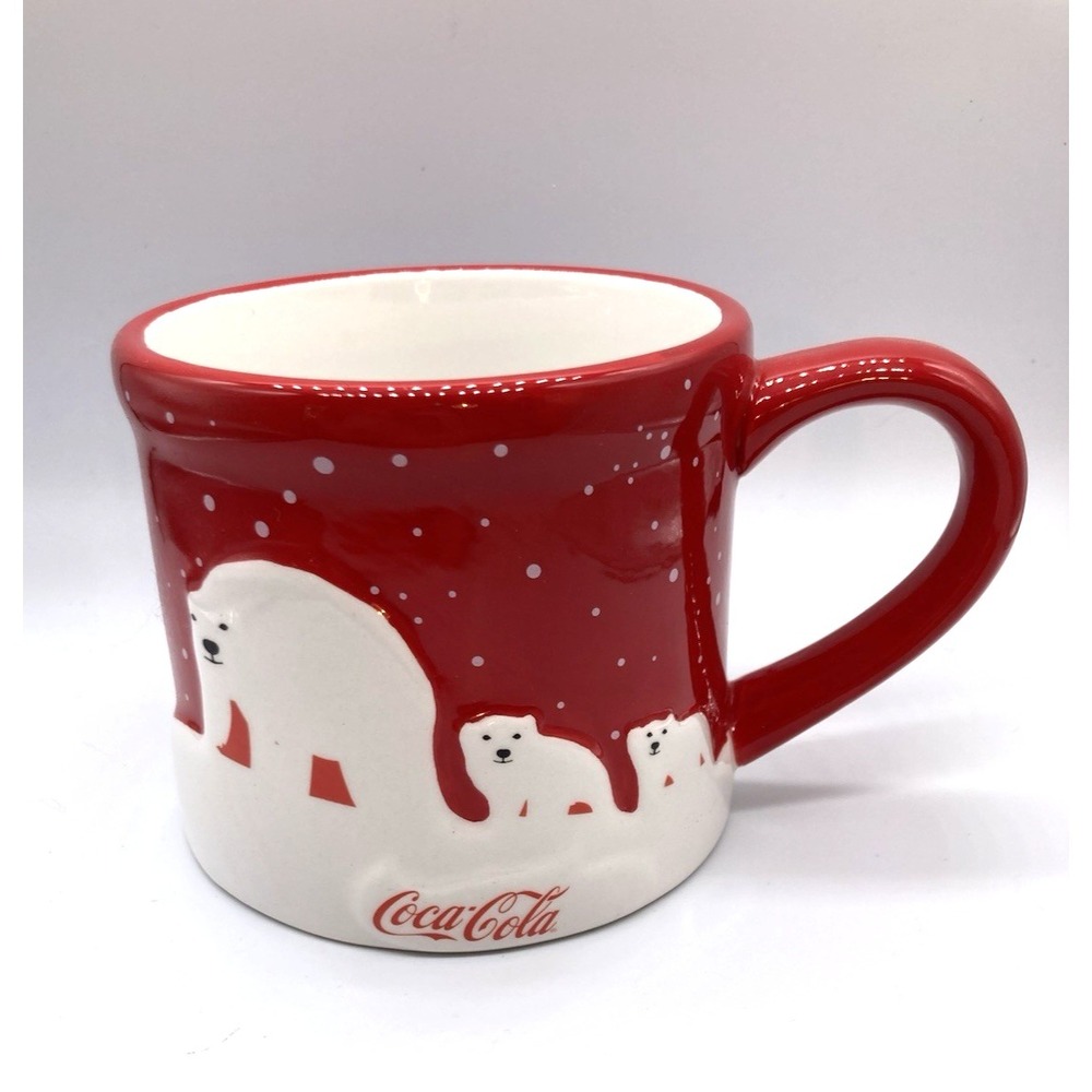 Ceramic Coca Cola Polar Bear and Babies Christmas Mug Red Snowing Large